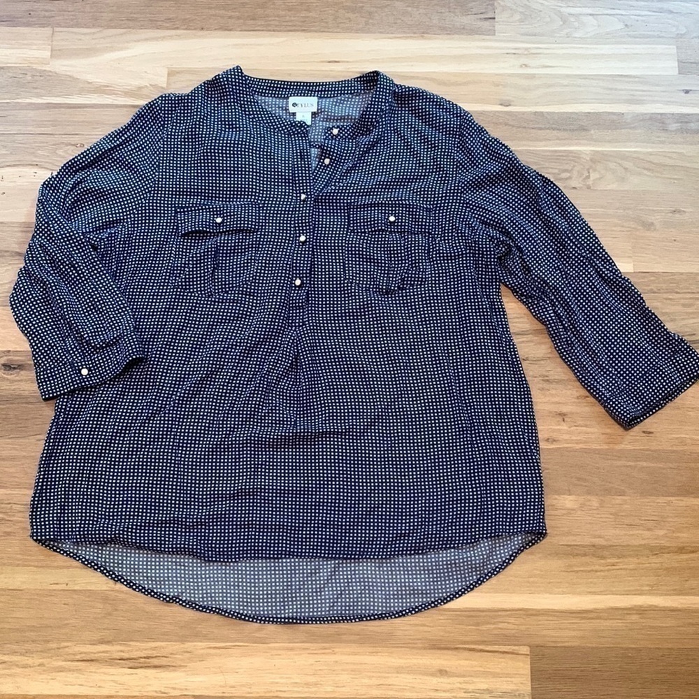 STYLUS Crewneck 1/2 Button 3/4 Sleeve Relaxed Fit Blouse Blue White Women’s XL